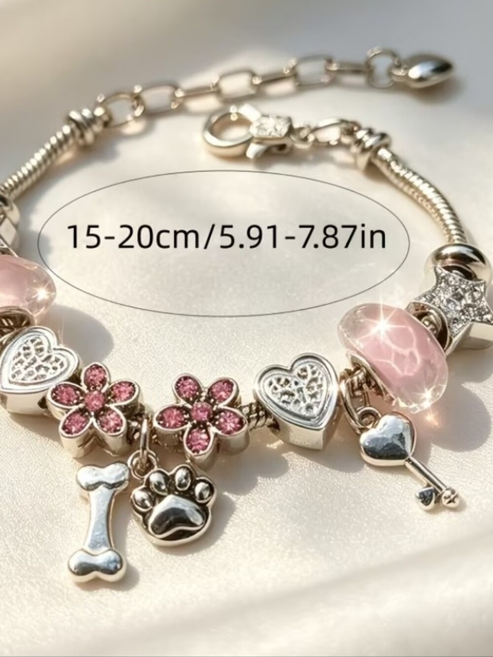 Silver Tone Charm Bracelet with Pink Beads - Picture 2 of 4